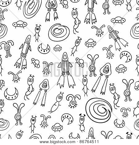Seamless pattern with space aliens and flying rockets spacecraft and galaxies.