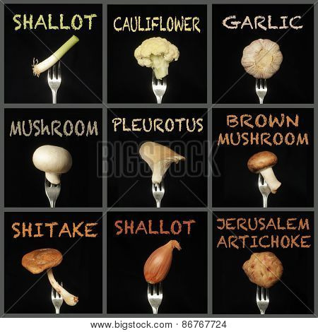 Collage with beige brown colored vegetables like cauliflower, garlic, shallot and more