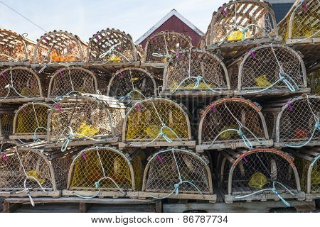 Stacks of wooden lobster traps in North Rustico, Prince Edward Island, Canada.