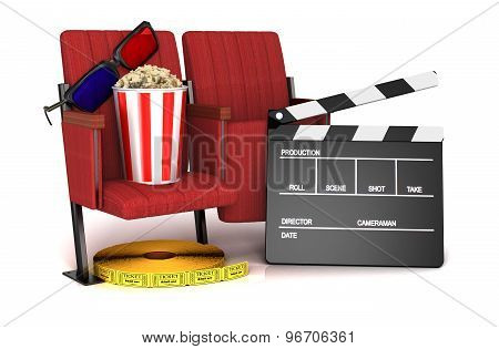 Cinema Clapper Board, Popcorn And 3D Glasses On Theater Seat. Cinematography Concept.