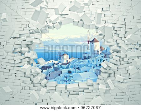 breaking 3d wall and santorini landscape