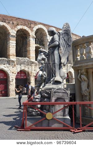 VERONA, ITALY - JULY 13: Prop of an angel outisde the Arena. July 13, 2015 in Verona. The Opera Festival is one of the main international events in the opera circuit.