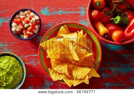 Nachos with guacamole pico de gallo sauce and chii peppers