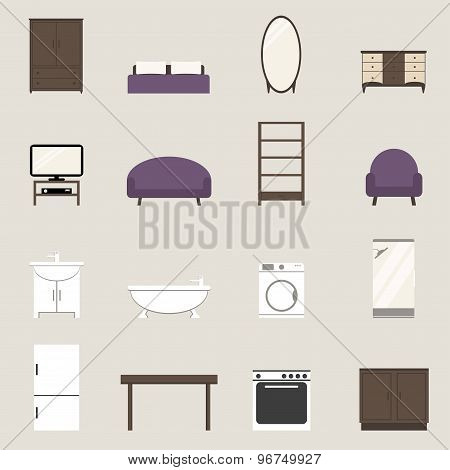 Apartment elements set. Modern furniture isolated icons. Wardrobe, bed, tv set, sofa, armchair.