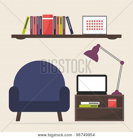 Home work and study place. Workplace interior design. Modern furniture: armchair, coffee table and s
