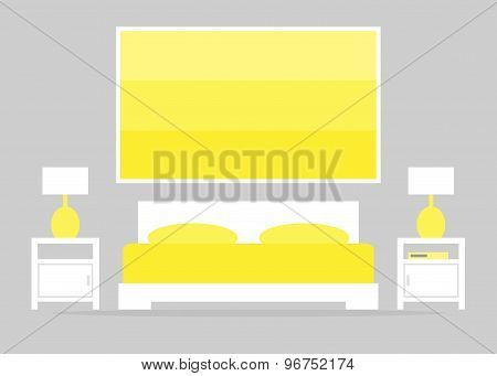Modern bedroom interior with bed and night lamps.