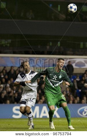 LONDON ENGLAND, November 11 2010: Tottenham's Benoit Assou-Ekotto and Werder Bremen's Sebastian Prodl in action during the UEFA Champions League match between Tottenham Hotspur FC and Werder Bremen