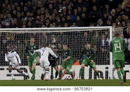 LONDON ENGLAND, November 11 2010: Tottenham's midfielder Aaron Lennon attacks the Werder Bremen goal during the UEFA Champions League match between Tottenham Hotspur FC and Werder Bremen