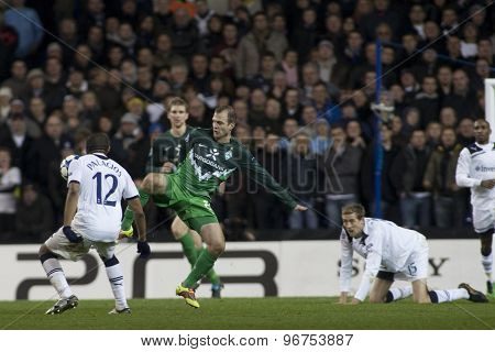 LONDON ENGLAND, November 11 2010: Tottenham's Wilson Palacios and Werder Bremen's Daniel Jensen in action during the UEFA Champions League match between Tottenham Hotspur FC and Werder Bremen