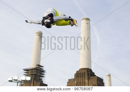 LONDON, ENGLAND. October 31 2009 Ben KILNER GBR takes to the air while competing in the LG FIS Snowboard World Cup Big Air Event, at the London Freeze snowboard and freestyle skiing event.