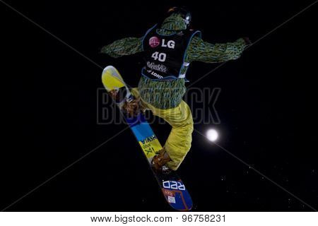 LONDON, ENGLAND. October 31 2009 Roope TONTERI FIN takes to the air in the final round of the LG FIS Snowboard World Cup Big Air Event, at the London Freeze snowboard and freestyle skiing event 
