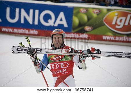 SOELDEN, AUSTRIA Oct 25 2009 Didier Cuche (SUI) reacts in the finishing area after winning the mens giant slalom race at the Rettenbach Glacier.