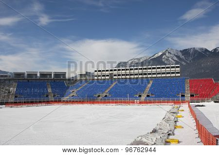 GARMISCH PARTENKIRCHEN, GERMANY. Feb 01 2011: Preview images for the 2011 Alpine skiing World Championships. A general view of the stadium and finish area of the Kandahar Arena