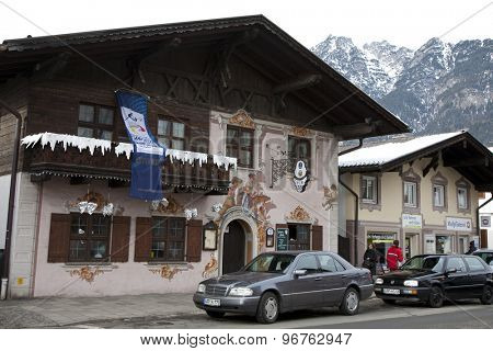 GARMISCH PARTENKIRCHEN, GERMANY. Feb 04 2011: Preview images for the 2011 Alpine skiing World Championships. A bar prepares for the event