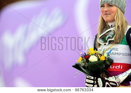 GARMISCH PARTENKIRCHEN, GERMANY. Feb 13 2011: Lindsey Vonn (USA) reacts in the finish area of the women's downhill race at the 2011 Alpine skiing World Championships