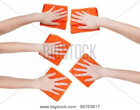 Set Of Hands With Orange Microfibre Rags Isolated