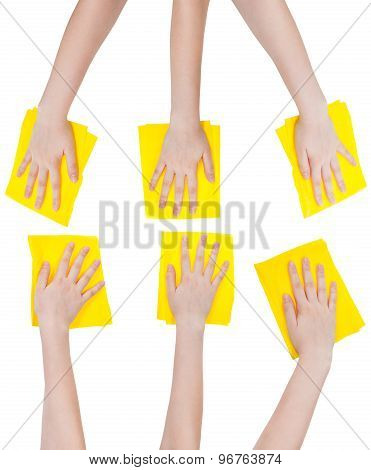 Set Of Hands With Yellow Fabric Rags Isolated