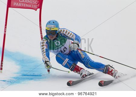 GARMISCH PARTENKIRCHEN, GERMANY. Feb 18 2011: Matts Olsson (SWE) competing in the mens giant slalom race on the Kandahar race piste at the 2011 Alpine skiing World Championships