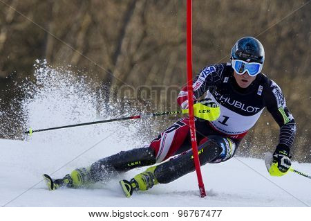 GARMISCH PARTENKIRCHEN, GERMANY. Feb 14 2011: Tim Jitloff (USA) competing in competing in the men's slalom at the 2011 Alpine skiing World Championships