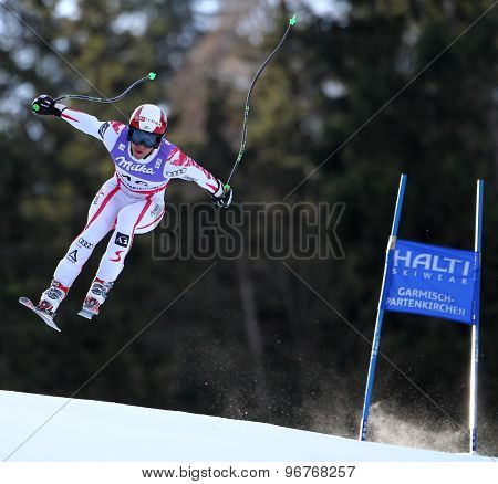 GARMISCH PARTENKIRCHEN, GERMANY. Feb 10 2011: Bjoern Sieber (AUT) takes to the air competing in the men's downhill training at the 2011 Alpine Skiing World Championships
