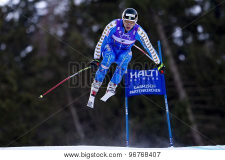 GARMISCH PARTENKIRCHEN, GERMANY. Feb 10 2011: Hans Olsson (SWE) takes to the air competing in the men's downhill training at the 2011 Alpine Skiing World Championships