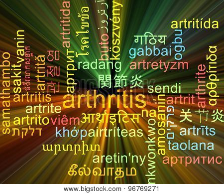 Background concept wordcloud multilanguage international many language illustration of arthritis glowing light