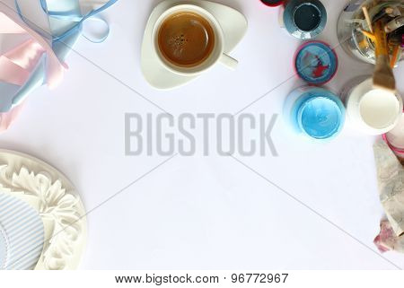Coffee, accessory, paints, frame and crafting