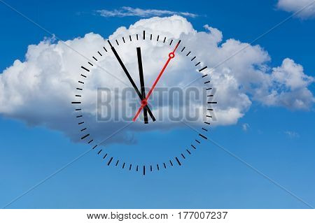 Clock digits with a minute hand and a red second hand indicates the time 5 before 12. Copy space in front of sky and cloud background.