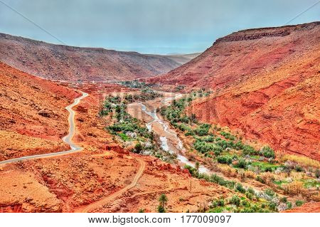 Landscape of the Asif Ounila valley, the Road of the Kasbahs in the High Atlas Mountains - Morocco.