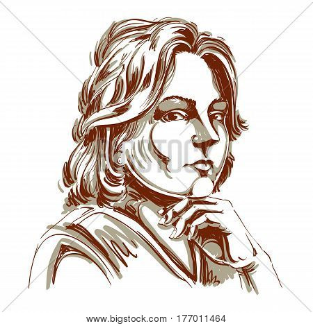 Vector portrait of attractive peaceful woman illustration of good-looking still girl. Person emotional face expression.