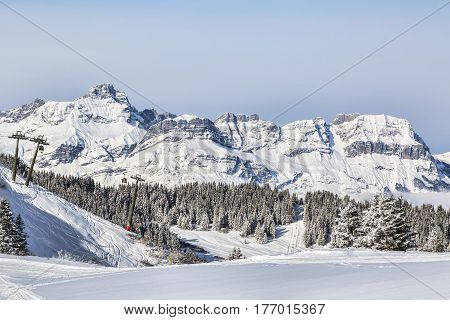 Ski domain located at high altitude in Alps in Beaufortain Massif in Haute-Savoie close to Mont Blanc.