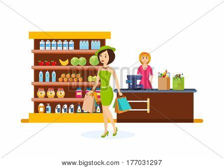 Young fashion girl make purchases in shopping center, carries a package with products, near the cash register a seller punches the products. Vector illustration isolated on white background.
