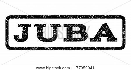 Juba watermark stamp. Text caption inside rounded rectangle with grunge design style. Rubber seal stamp with scratched texture. Vector black ink imprint on a white background.