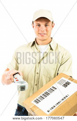 a studio shot of a delivery person, isolated on white. he is handing you his barcode reader for you to confirm the receipt of your parcel. all barcodes on the parcel are generated by myself and contain no useful data.