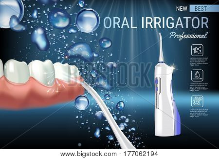 Electric Oral Irrigator ads. Vector 3d Illustration with Portable Water Pick Flosser. Horizontal banner with high tech products.