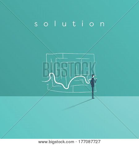 Business solution and success concept vector symbol with businessman drawing line through maze or labyrinth. Eps10 vector illustration.