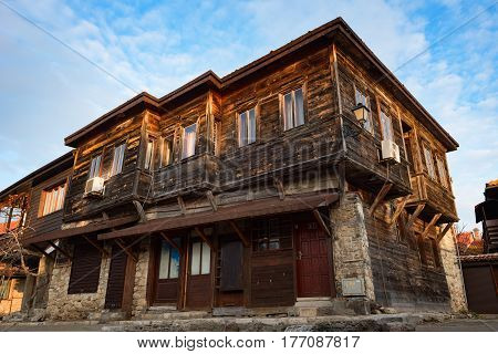 NESEBAR, BULGARIA - February 05, 2017: Old Bulgarian houses in the town of Nesebar. Nesebar is a tourist resort at the Black Sea coast. In 1956 Nesebar was declared as museum city, archaeological and architectural reservation by UNESCO.