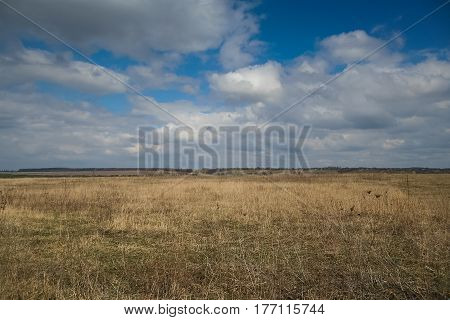 Fields on the shore of the Dniester river near the urban-type settlement of Stara ushytsya in Kamenetz-Podolsk district of Khmelnitsky region of Ukraine. March 2007