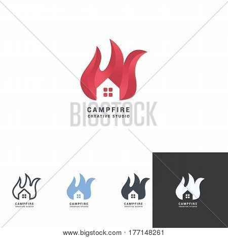 flammed house negative space logo design with red fancy color