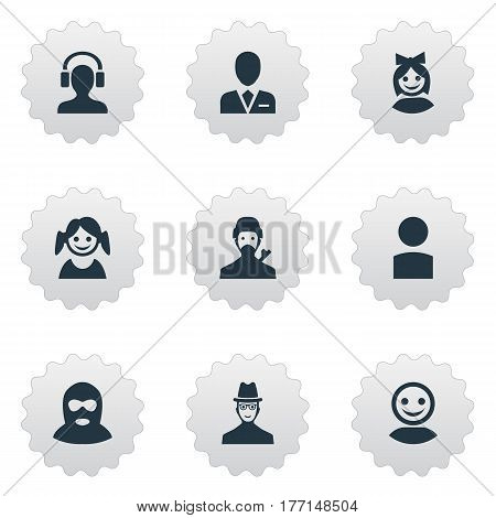 Vector Illustration Set Of Simple Avatar Icons. Elements Mysterious Man, Girl Face, Insider And Other Synonyms Little, Spy And Culprit.