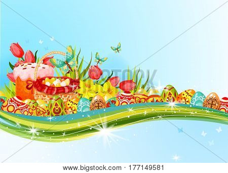 Easter egg hunt floral banner with copy space. Easter egg on grass with flowers of tulip and narcissus, Easter cake, egg hunt basket and butterfly. Easter spring holidays cartoon greeting card design