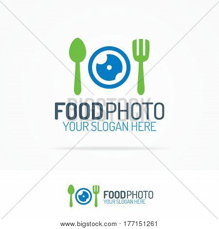 Food photo logo set with lens, fork and spoon flat color style for use photoeducation, photoschool, photolaboratory, photostudio etc. Vector Illustration