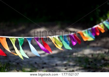 a string of multicolored small triangular flags in the wind outdoor