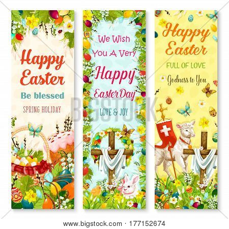 Easter holiday symbols greeting banner set. Easter egg hidden on grass meadow with rabbit bunny, spring flower, egg hunt basket, Easter cake, chicken, lamb of God and crucifix cross with floral wreath