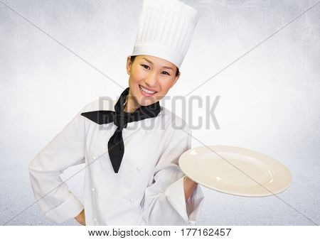 Digital composite of Chef with plate against white background