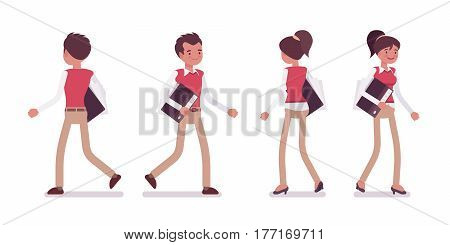 Set of young male and female office worker in smart casual wear, walking pose, performing day-to-day activitie and office duties, full length, front and rear view, isolated on white background