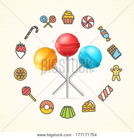 Sweets and Bakery Candy Concept and Lollipop with Stick Sweet Food Menu. Vector illustration