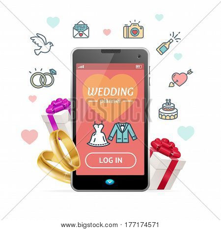 Wedding Planner Concept Mobile Phone App Elements Design Web for Business. Vector illustration