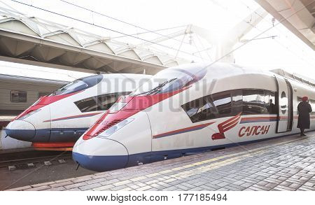 Moscow, Russia - March 14, 2017: Leningradsky railway station, the platform with a standing high-speed train Sapsan