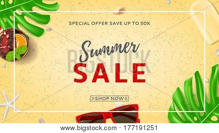 Summer sale banner with web button. Top view on sun glasses, seashells, fresh cocktail and ice cream on sea sand. Vector illustration with leaves of tropical plant.